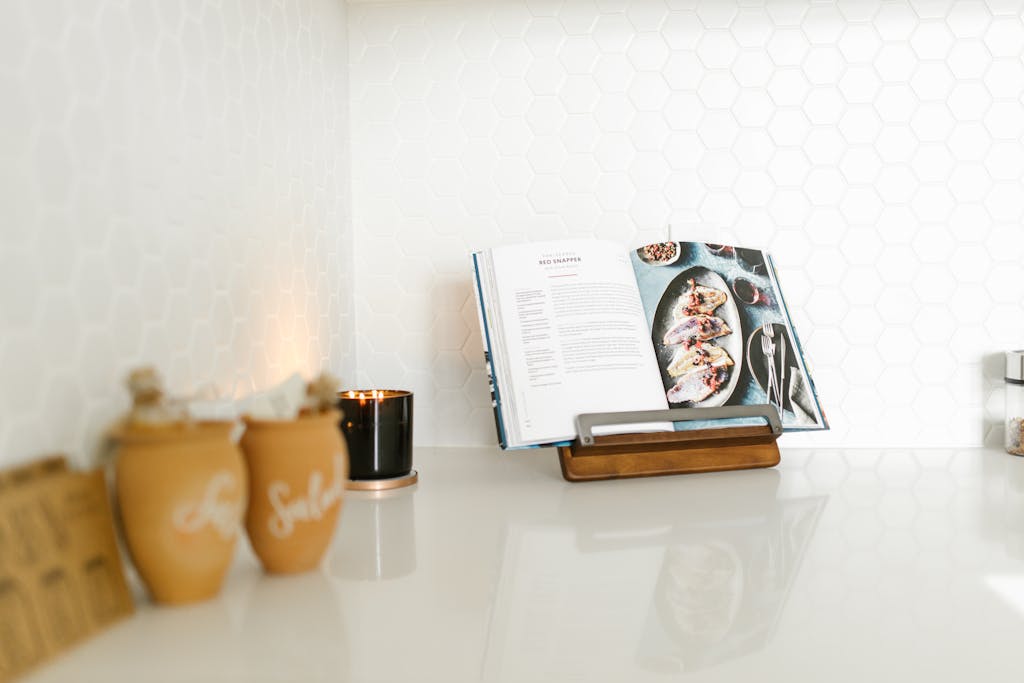 stylish kitchen counter candle cookbook